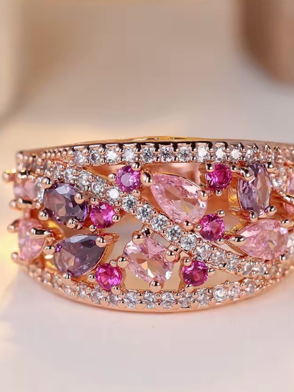 Rose Gold Pink & Purple Crystal Multi-Stone Ring - Picture 3 of 3